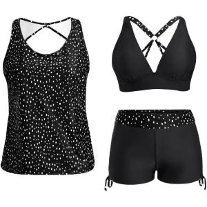 imageYonique 3 Piece Tankini Swimsuits for Women Swim Tank Top Bathing Suits with Boy Shorts and Bra Athletic SwimwearBlack Dot