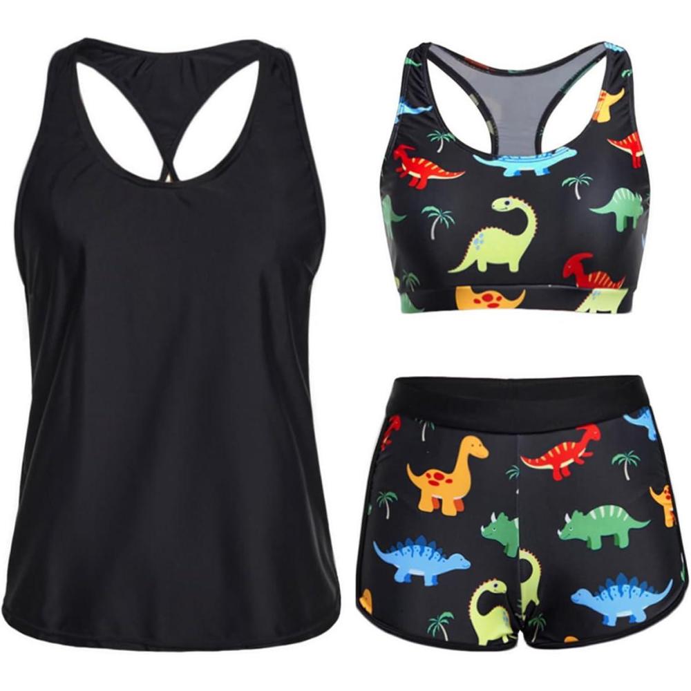 imageYonique 3 Piece Athletic Tankini Swimsuits for Women with Shorts Swim Tank Tops with Sports Bra and Boyshorts Bathing SuitsBlack Colorful Dinosaur