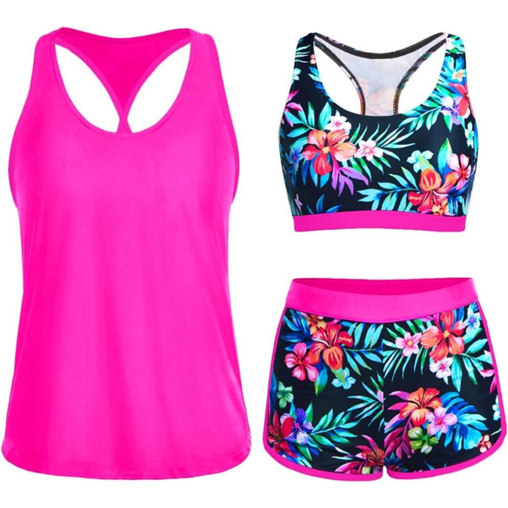imageYonique 3 Piece Athletic Tankini Swimsuits for Women with Shorts Swim Tank Tops with Sports Bra and Boyshorts Bathing SuitsColorful Floral 01