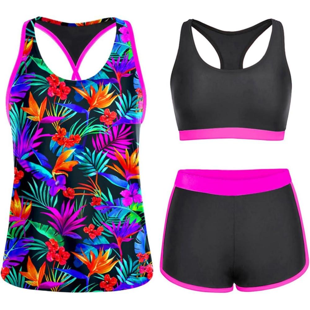 imageYonique 3 Piece Athletic Tankini Swimsuits for Women with Shorts Swim Tank Tops with Sports Bra and Boyshorts Bathing SuitsColorful Leaves