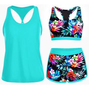 imageYonique 3 Piece Athletic Tankini Swimsuits for Women with Shorts Swim Tank Tops with Sports Bra and Boyshorts Bathing SuitsAqua Colorful Floral
