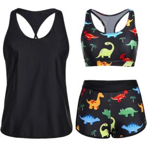 imageYonique 3 Piece Athletic Tankini Swimsuits for Women with Shorts Swim Tank Tops with Sports Bra and Boyshorts Bathing SuitsBlack Colorful Dinosaur