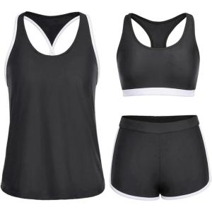 imageYonique 3 Piece Athletic Tankini Swimsuits for Women with Shorts Swim Tank Tops with Sports Bra and Boyshorts Bathing SuitsBlack White