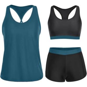 imageYonique 3 Piece Athletic Tankini Swimsuits for Women with Shorts Swim Tank Tops with Sports Bra and Boyshorts Bathing SuitsBlack and Blue 01