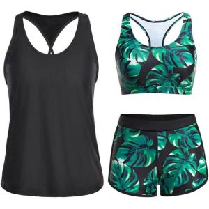 imageYonique 3 Piece Athletic Tankini Swimsuits for Women with Shorts Swim Tank Tops with Sports Bra and Boyshorts Bathing SuitsBlack and Green Leaves