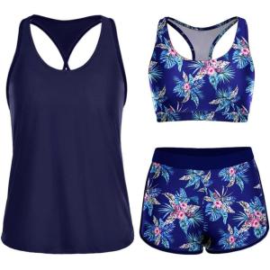 imageYonique 3 Piece Athletic Tankini Swimsuits for Women with Shorts Swim Tank Tops with Sports Bra and Boyshorts Bathing SuitsBlue Floral