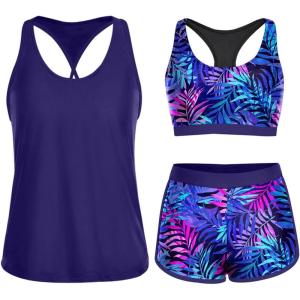 imageYonique 3 Piece Athletic Tankini Swimsuits for Women with Shorts Swim Tank Tops with Sports Bra and Boyshorts Bathing SuitsBlue Purple Leaves