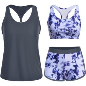 imageYonique 3 Piece Athletic Tankini Swimsuits for Women with Shorts Swim Tank Tops with Sports Bra and Boyshorts Bathing SuitsBlue Tie Dye
