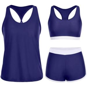 imageYonique 3 Piece Athletic Tankini Swimsuits for Women with Shorts Swim Tank Tops with Sports Bra and Boyshorts Bathing SuitsBlue White