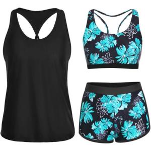 imageYonique 3 Piece Athletic Tankini Swimsuits for Women with Shorts Swim Tank Tops with Sports Bra and Boyshorts Bathing SuitsGreen Floral