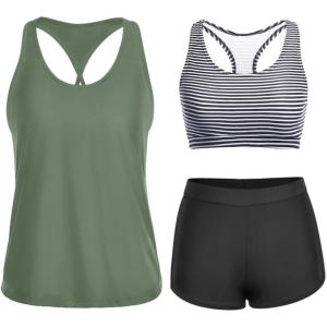 imageYonique 3 Piece Athletic Tankini Swimsuits for Women with Shorts Swim Tank Tops with Sports Bra and Boyshorts Bathing SuitsGreen and Stripe