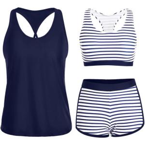 imageYonique 3 Piece Athletic Tankini Swimsuits for Women with Shorts Swim Tank Tops with Sports Bra and Boyshorts Bathing SuitsNavy Striped