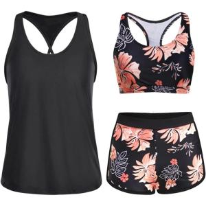imageYonique 3 Piece Athletic Tankini Swimsuits for Women with Shorts Swim Tank Tops with Sports Bra and Boyshorts Bathing SuitsPink Floral  Black