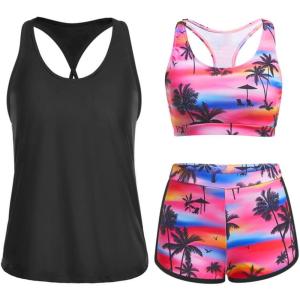 imageYonique 3 Piece Athletic Tankini Swimsuits for Women with Shorts Swim Tank Tops with Sports Bra and Boyshorts Bathing SuitsPink Tree