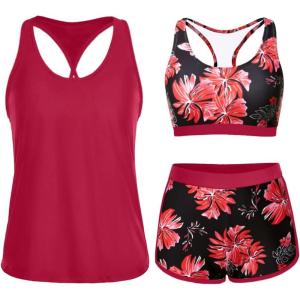 imageYonique 3 Piece Athletic Tankini Swimsuits for Women with Shorts Swim Tank Tops with Sports Bra and Boyshorts Bathing SuitsRed Floral
