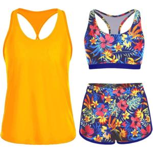 imageYonique 3 Piece Athletic Tankini Swimsuits for Women with Shorts Swim Tank Tops with Sports Bra and Boyshorts Bathing SuitsYellow  Floral