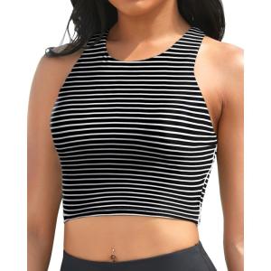 imageYonique Women High Waisted Bikini Two Piece Swimsuit Crop Bathing Suits Sporty Swimwear Bikini SetBlack and White Stripes