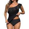 imageYonique Womens Two Piece Swimsuits One Shoulder Tankini Tummy Control Bathing Suits Ruffle SwimwearBlack