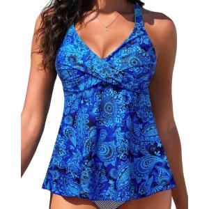 imageWomen Underwire Tankini Top  Flowy Swimsuit Top Only Cross Back Twist Bathing Suit No Bottom 2025Blue Paisley