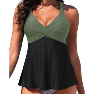 imageWomen Underwire Tankini Top  Flowy Swimsuit Top Only Cross Back Twist Bathing Suit No Bottom 2025Olive Green