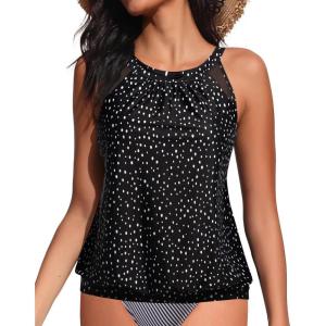 imageWomens High Neck Tankini Top  Blouson Bathing Suit Top Loose Fit Swim Top 2025 Modest Swimsuit Top No BottomBlack Dot