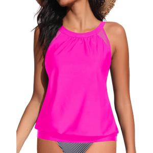 imageWomens High Neck Tankini Top  Blouson Bathing Suit Top Loose Fit Swim Top 2025 Modest Swimsuit Top No BottomHot Pink
