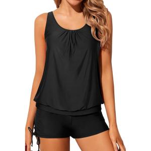 imageYonique Blouson Tankini Swimsuits for Women 2 Piece Bathing Suits Tops with Boyshorts Modest Loose Fit SwimwearBlack Tankini