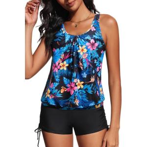 imageYonique Blouson Tankini Swimsuits for Women 2 Piece Bathing Suits Tops with Boyshorts Modest Loose Fit SwimwearBlue  Floral