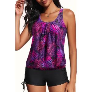 imageYonique Blouson Tankini Swimsuits for Women 2 Piece Bathing Suits Tops with Boyshorts Modest Loose Fit SwimwearPurple Leaf