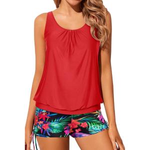 imageYonique Blouson Tankini Swimsuits for Women 2 Piece Bathing Suits Tops with Boyshorts Modest Loose Fit SwimwearRed  Floral