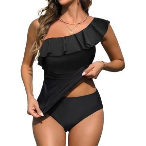 imageYonique Womens Two Piece Swimsuits One Shoulder Tankini Tummy Control Bathing Suits Ruffle SwimwearBlack