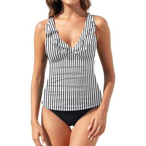 image:imageYonique Womens Two Piece Swimsuits  Ruffle Flounce Tankini Tummy Control Bathing Suits V Neck SwimwearBlackwhite Striped