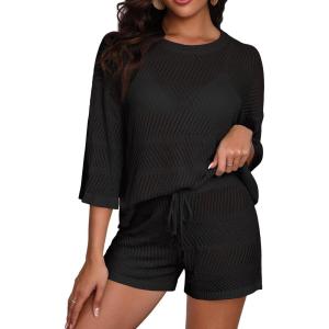 image:imageWomens Two Piece Coverup Set  Crochet Beach Cover Ups with Shorts Half Sleeve Swimsuit Bathing Suit CoverupsBlack