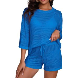 image:imageWomens Two Piece Coverup Set  Crochet Beach Cover Ups with Shorts Half Sleeve Swimsuit Bathing Suit CoverupsBlue