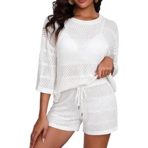 image:imageWomens Two Piece Coverup Set  Crochet Beach Cover Ups with Shorts Half Sleeve Swimsuit Bathing Suit CoverupsWhite
