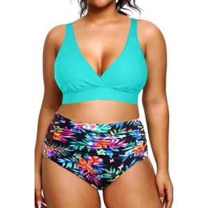 image:imageYonique Womens Plus Size Bikini High Waisted Swimsuits Two Piece Bathing Suits Tummy Control SwimwearAqua Colorful Floral