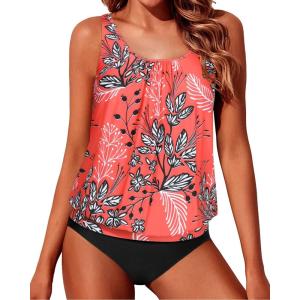 image:imageYonique Two Piece Tankini Swimsuits for Women Blouson Bathing Suits Modest SwimwearRed Floral