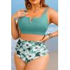 image:imageWomen Plus Size High Waisted Bikini  Ribbed Two Piece Swimsuit Tummy Control Bathing Suit VWired 2025 SwimwearGreen Flower