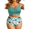 image:imageWomen Plus Size High Waisted Bikini  Ribbed Two Piece Swimsuit Tummy Control Bathing Suit VWired 2025 SwimwearGreen Flower