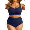 image:imageWomen Plus Size High Waisted Bikini  Ribbed Two Piece Swimsuit Tummy Control Bathing Suit VWired 2025 SwimwearNavy Blue