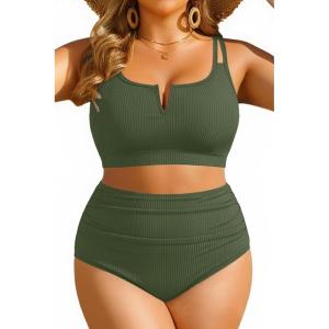 image:imageWomen Plus Size High Waisted Bikini  Ribbed Two Piece Swimsuit Tummy Control Bathing Suit VWired 2025 SwimwearArmy Green