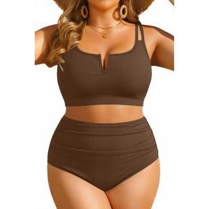 image:imageWomen Plus Size High Waisted Bikini  Ribbed Two Piece Swimsuit Tummy Control Bathing Suit VWired 2025 SwimwearBrown