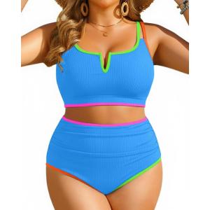 image:imageWomen Plus Size High Waisted Bikini  Ribbed Two Piece Swimsuit Tummy Control Bathing Suit VWired 2025 SwimwearColorful Blue
