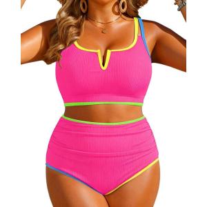 image:imageWomen Plus Size High Waisted Bikini  Ribbed Two Piece Swimsuit Tummy Control Bathing Suit VWired 2025 SwimwearColorful Pink