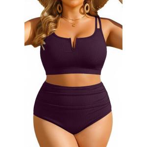 image:imageWomen Plus Size High Waisted Bikini  Ribbed Two Piece Swimsuit Tummy Control Bathing Suit VWired 2025 SwimwearDark Purple