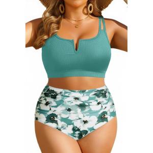 image:imageWomen Plus Size High Waisted Bikini  Ribbed Two Piece Swimsuit Tummy Control Bathing Suit VWired 2025 SwimwearGreen Flower