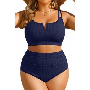 image:imageWomen Plus Size High Waisted Bikini  Ribbed Two Piece Swimsuit Tummy Control Bathing Suit VWired 2025 SwimwearNavy Blue