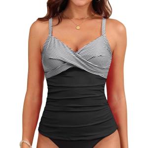 image:imageYonique Womens Tankini Top Swimwear Twist V Neck Swimsuits Tummy Control Bathing Suits Top OnlyBlack Striped
