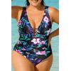 image:imageYonique Women Plus Size One Piece Swimsuit Tummy Control Bathing Suits Lace up Plunge SwimwearFloral Leaves