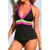 image:imageYonique Womens Two Piece Swimsuits Tummy Control Tankini Plus Size Bathing Suit Halter V Neck SwimwearGreen Pink Black